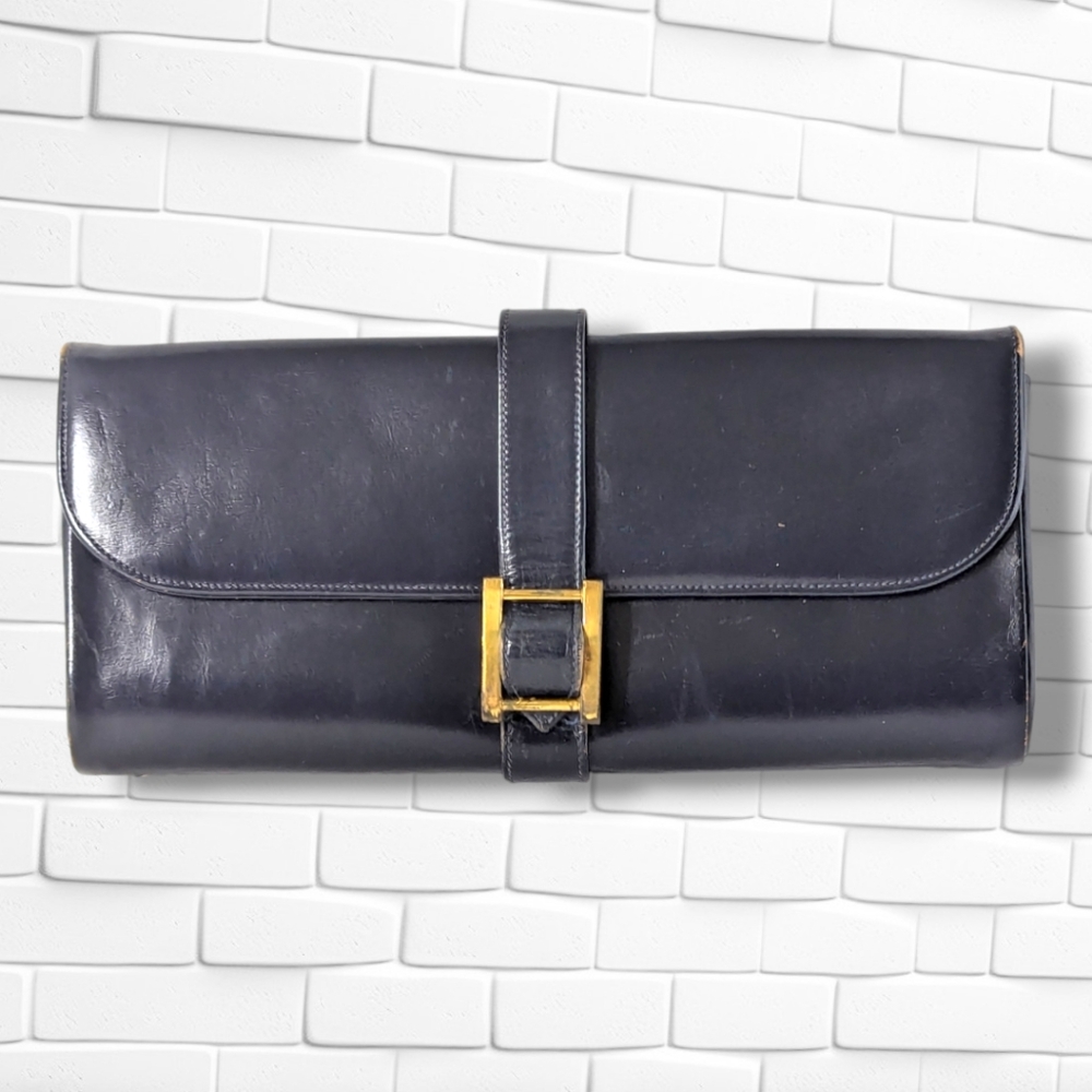 Vintage Navy Blue Leather Rectangular Clutch Even… - image 1